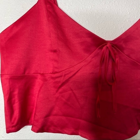 Tiger Mist Red Satin V Neck Cami Crop Top - Picture 5 of 5